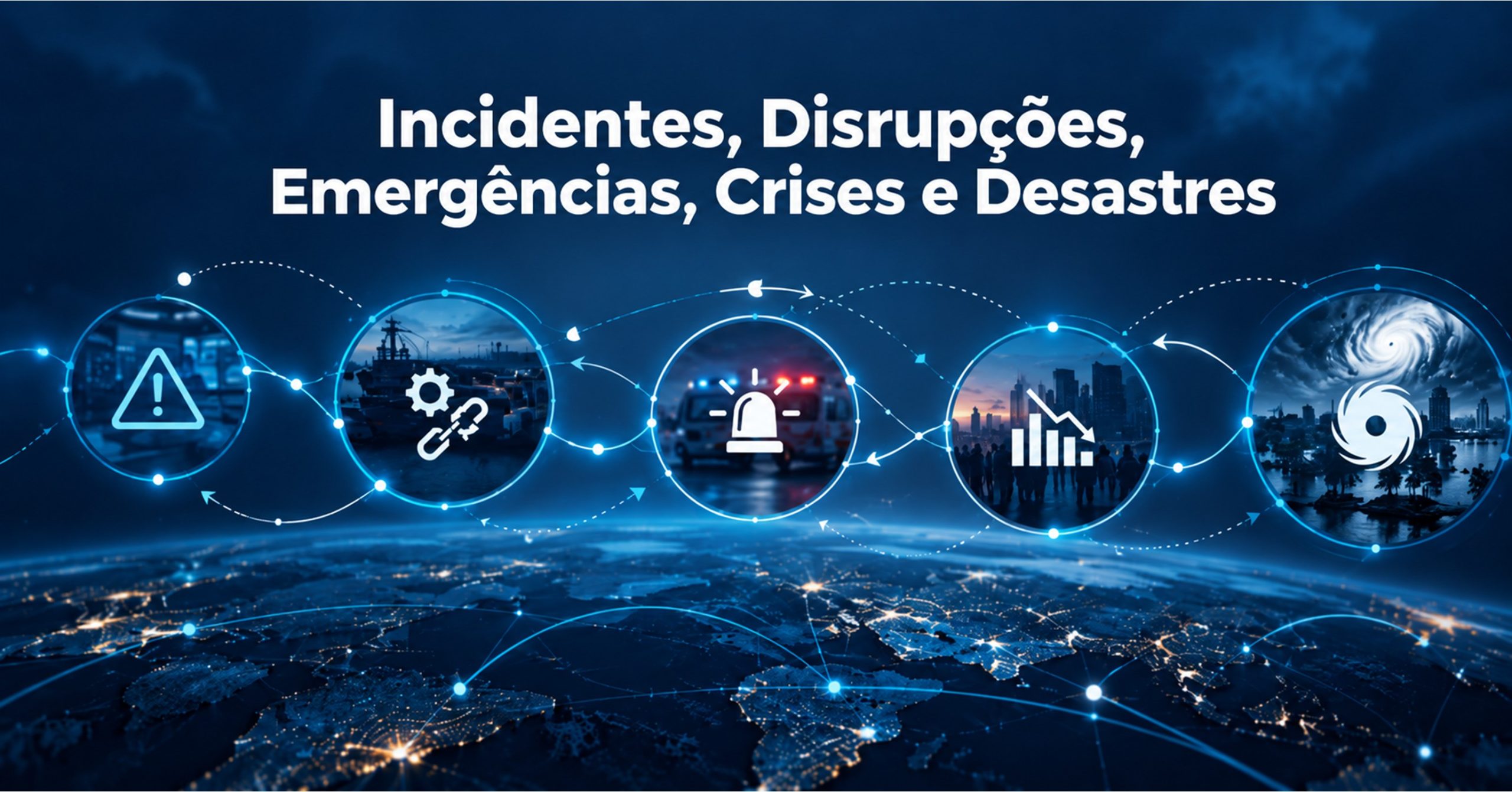 Ilustração conceitual sobre incidentes, disrupções, emergências, crises e desastres em contexto global